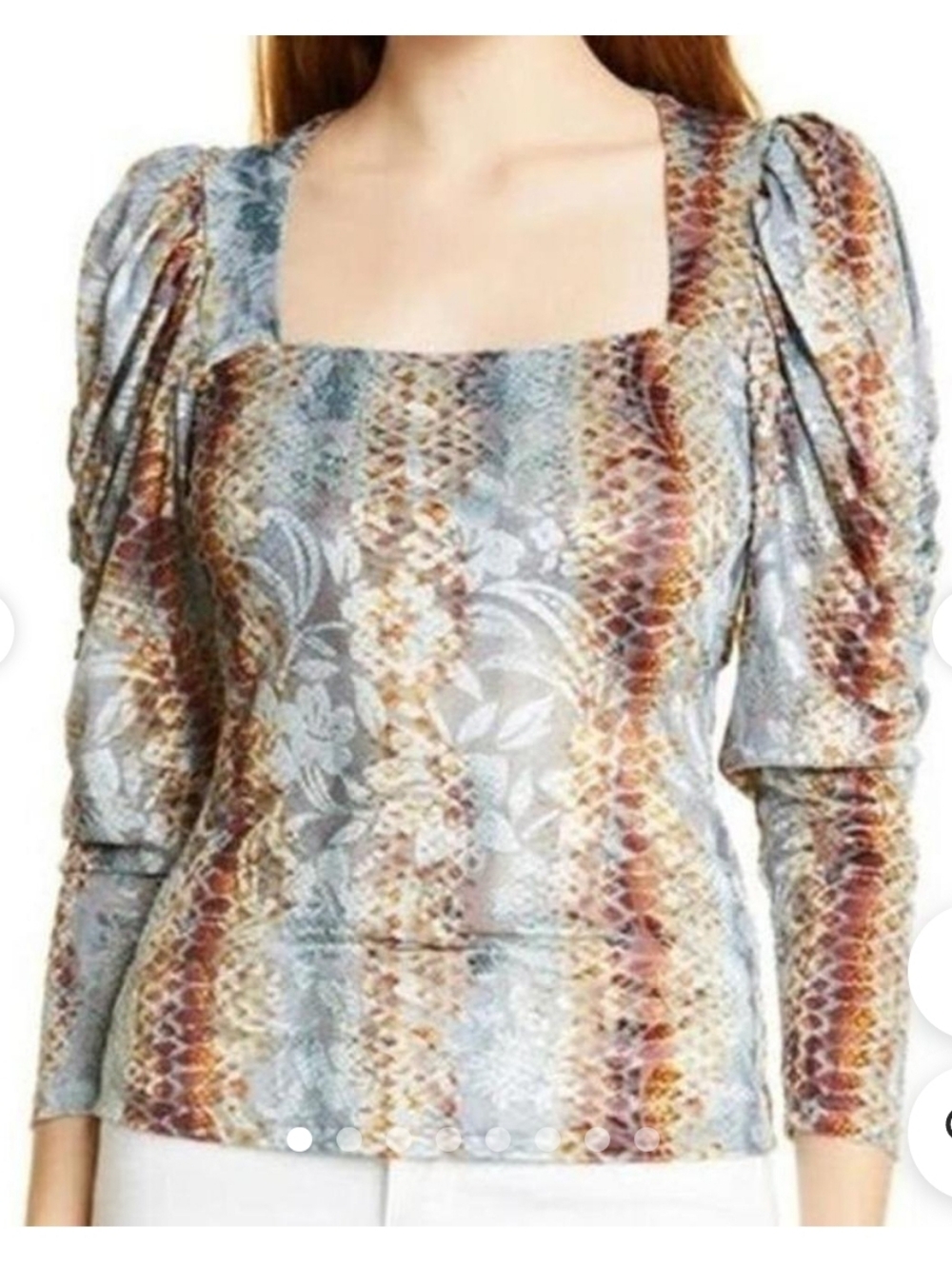 Ted Baker Square Neck Velvet Ruch Sleeve Snakeskin Print Blue Orange L